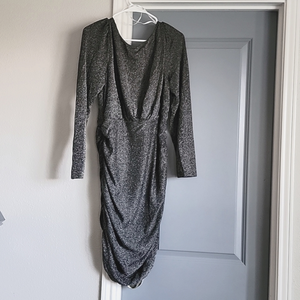 Lulus Meghan Ruched Knit Dress XL Blacksilver with Deep v back Sparkle